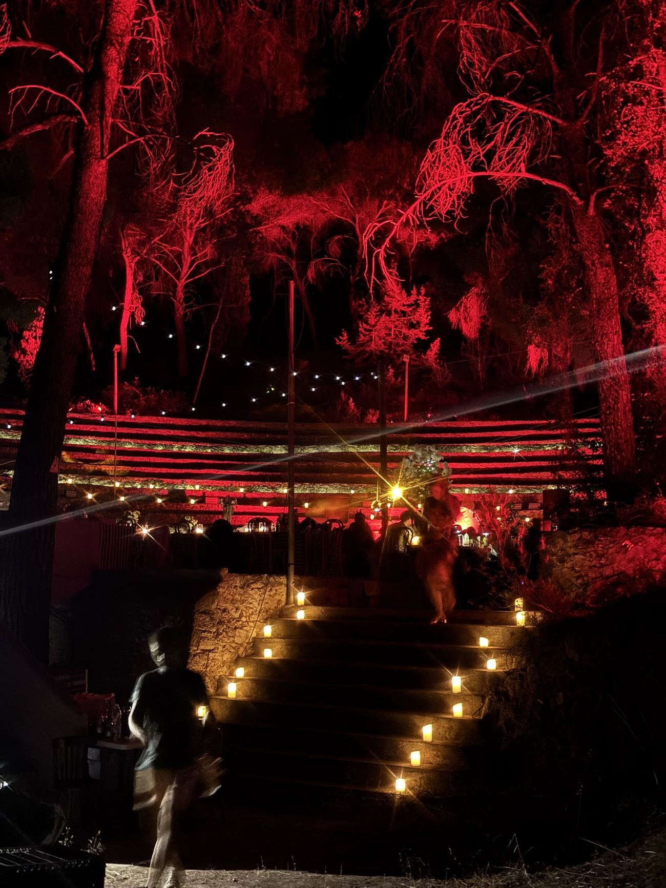 The chalet dressed in red light and fairy lights