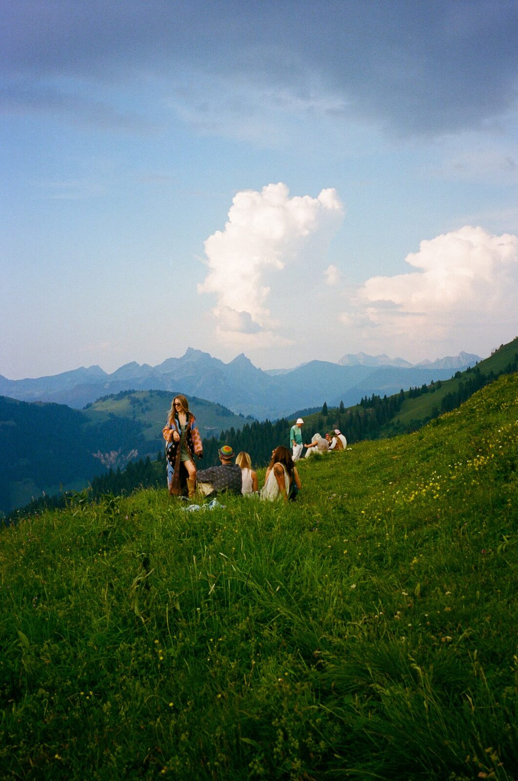 Friends walking through an alpine meadow